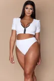 Plus Size Women Solid Zip Half Sleeve Bikini Swimwear