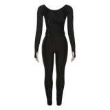 Women Autumn Solidv Collar Sexy Long Sleeve Top and Pants Two-piece Set