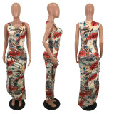 Women Printed Pleated Slit Hem Sleeveless Dress