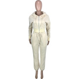 Women Solid Patchwork Ribbed Hooded Zipper Pocket Loose Jacket and Pants Two-piece Set