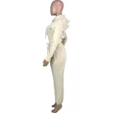 Women Solid Patchwork Ribbed Hooded Zipper Pocket Loose Jacket and Pants Two-piece Set