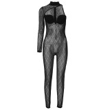Women's Spring Sexy See-Through V-Neck Hollow One Shoulder Long Sleeve Lace Jumpsuit