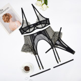 Embroidered Lace Patchwork Mesh Ruffled Sexy Garter Bikini Four-Piece Set Sexy Lingerie For Women