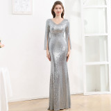Women's Long Sleeve Formal Party Chic French Luxurious Sequined Mermaid Long Evening Dress
