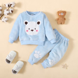 Winter And Spring Style Baby Bear Embroidered Long-Sleeved Top + Solid Color Trousers Two-Piece Set