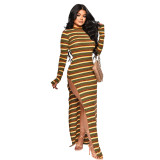 Women's Sexy Slit Ribbed Striped Dress
