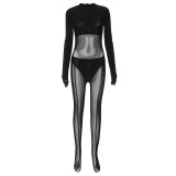 Women's Winter And Spring Fashionable Mesh Patchwork Long Sleeve Sexy Jumpsuit With Gloves