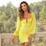 Fashion Women's Sexy Slit Sweet Balloon Sleeves Pleated Tight Fitting Dress