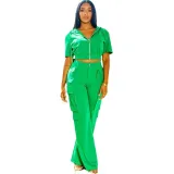 Fashion Casual Women's Short Sleeve Hooded Top Pocket Cargo Pants Women's Two Piece Set
