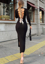Women's Winter And Spring Half Turtle Neck Long Sleeve Hollow Back Lace-Up Slit Dress