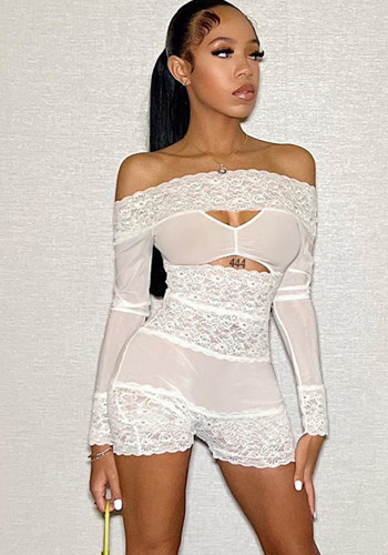 Women's Spring Sexy Lace Patchwork Hollow Long Sleeves Off Shoulder Short Jumpsuit