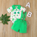 St. Pat's Day Children's Clothing Spring Boys' Clover Printed Short-Sleeved Blouse Green Overalls Suit