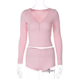 Women's Sexy V-Neck Tight Fitting Long-Sleeved Top Fashionable Sports Style Shorts Two-Piece Set