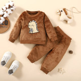 Spring And Autumn Baby Dinosaur Embroidered Long-Sleeved Top + Solid Color Trousers Two-Piece Set