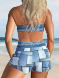 Plus Size Printed Two Pieces Bikini Beach Holidays Square Leg Shorts Three-Piece Swimsuit