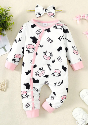 Winter And Spring Style For Infants Children Cow Print Long-Sleeved Jumpsuit + Headwear