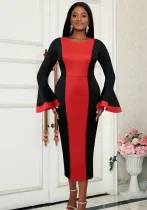 Winter Contrast Color Block Elegant Bell Bottom Sleeve Dress
