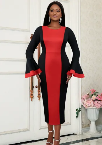 Winter Contrast Color Block Elegant Bell Bottom Sleeve Dress