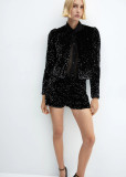 Winter And Spring Fashion Sexy Sequins Long Sleeve Shorts Set For Women