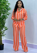 Fashion Casual Women's Spring And Autumn Striped Long Sleeve Shirt Loose Pants Women's Two-Piece Set