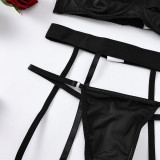 Sexy Black Hollow Garter Bra And Thong Bikini Lingerie Set
