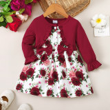 Girls Winter And Spring Solid Color Patchwork Fake Two Piece Floral Long Sleeve Dress
