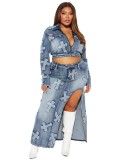 Women's Fashion Sexy High Stretch Embroidered Washed Denim Two Piece Skirt Set