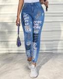 Ripped Denim Pants Women's Fashionable And Versatile Letter Printed Trousers