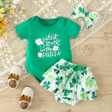 St. Patrick's Day Children's Clothing Spring Summer Style Baby Girl Clover Print Short Sleeve Bodysuit And Shorts Set