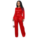 Winter And Spring Sequined Solid Color Long-Sleeved Top Trousers Two-Piece Set