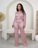 Winter And Spring Sequined Solid Color Long-Sleeved Top Trousers Two-Piece Set