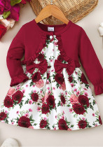 Girls Winter And Spring Solid Color Patchwork Fake Two Piece Floral Long Sleeve Dress