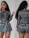 Women's Spring Printed Mesh Bodysuit And Skirt Two-Piece Set