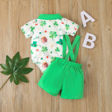 St. Pat's Day Children's Clothing Spring Boys' Clover Printed Short-Sleeved Blouse Green Overalls Suit