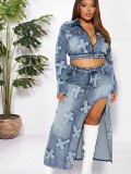 Women's Fashion Sexy High Stretch Embroidered Washed Denim Two Piece Skirt Set