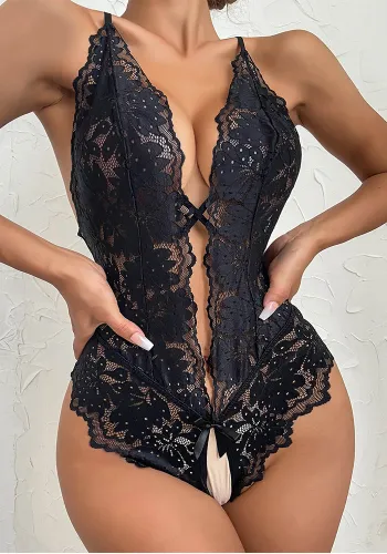 Sexy Hollow Lace Deep V Crotch One-Piece Sexy Lingerie