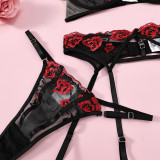 Flower Embroidered Lacemesh Contrast Sexy Garterbra Panty Three-Piece Lingerie Set