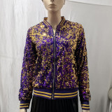 Women's Tops Fashion Color Block Sequin Style Short Zipper Jacket Coat