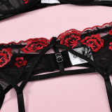 Flower Embroidered Lacemesh Contrast Sexy Garterbra Panty Three-Piece Lingerie Set