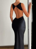 Winter Women Solid Round Neck Sexy Backless Dress