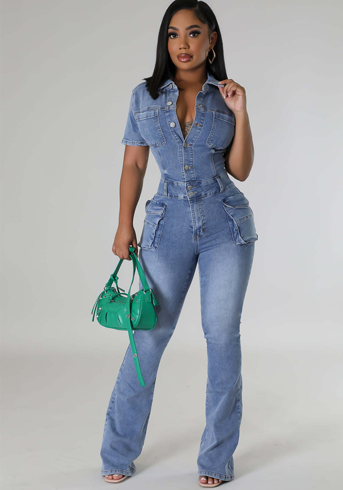 Wholesale Women Stretch Wash Denim Bell Bottom Jumpsuit | Global Lover