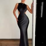 Winter Women Solid Round Neck Sexy Backless Dress