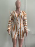 Autumn Women's Fashion Ribbed Digital Printing Long Sleeve V-Neck Sexy Rompers