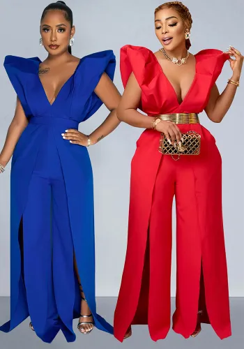 Women Solid Sexy V Neck Pleated Jumpsuit