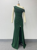 Women Slash Shoulder pleated zipper full slit shiny dress knitting Dress