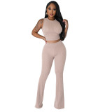 Women Casual Solid Ribbed Sleeveless Bootcut Two Piece Set