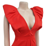 Women Solid Sexy V Neck Pleated Jumpsuit