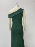 Women Slash Shoulder pleated zipper full slit shiny dress knitting Dress