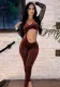 Women Autumn flocked Mesh Patchwork Long Sleeve U-neck Hollow Sexy Jumpsuit