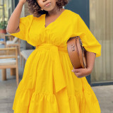 Women's Plus Size V Neck Loose Solid Color A-Line Fashionable African Dress